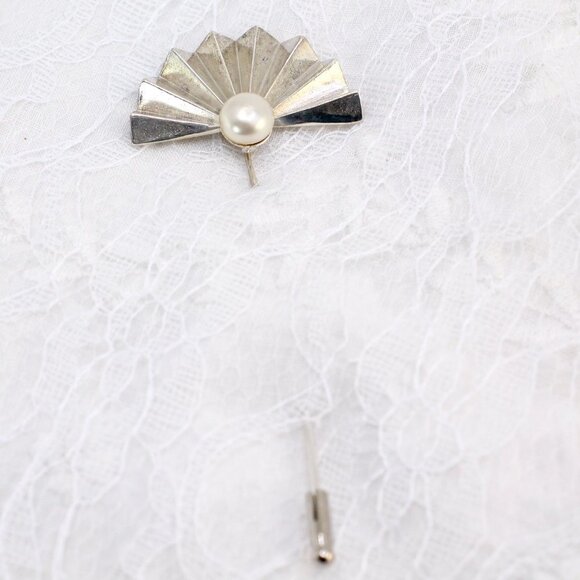 Pair of Vintage RODIER Art Deco Stick Pins, Silver Tone Fan Shape, Faux Pearl - Picture 5 of 9